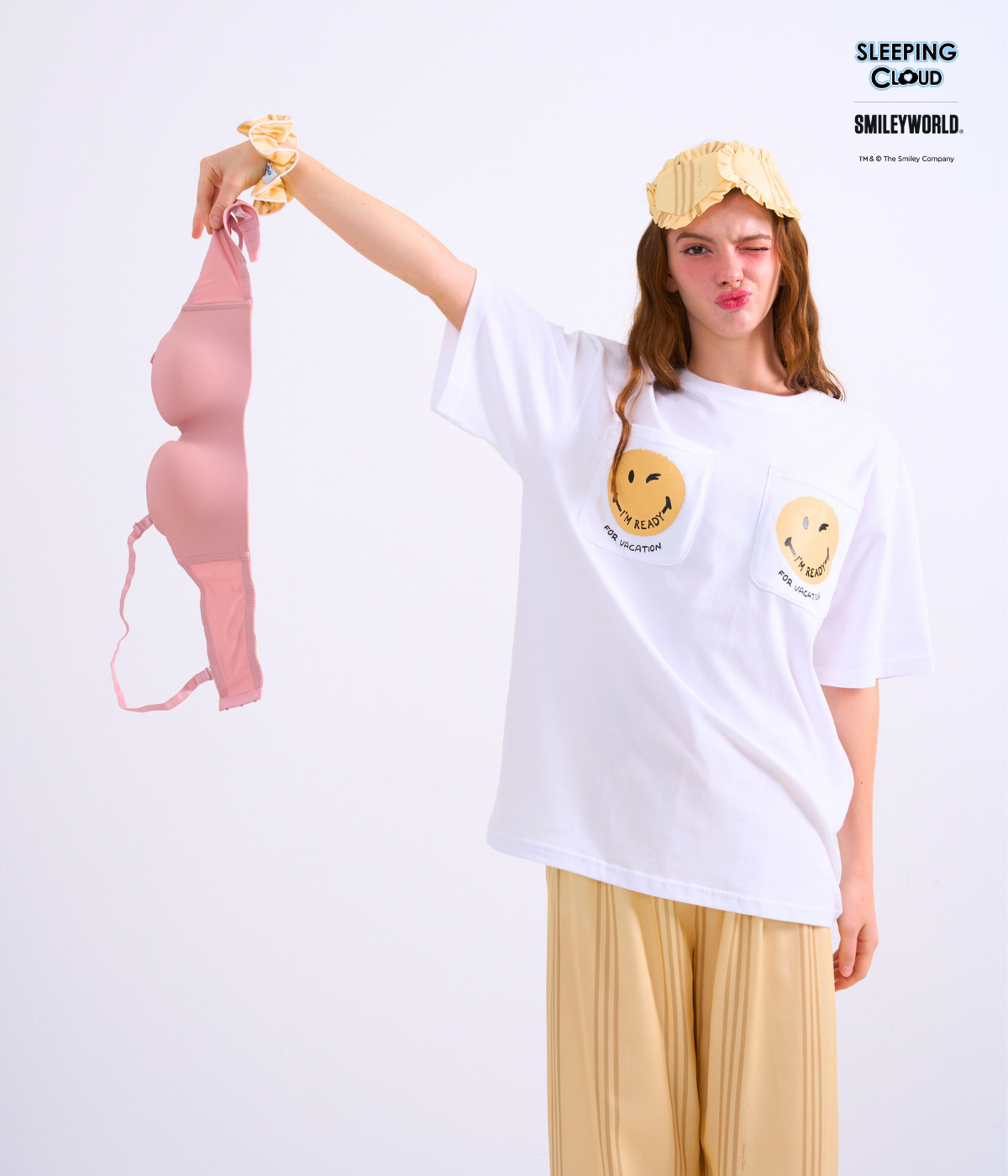 Sleeping Cloud braless comfort t-shirt shown with matching yellow striped pants